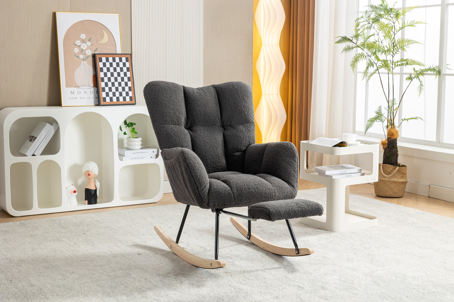Modern Teddy Fabric Rocking Chair with Adjustable Footstool - Dark Gray