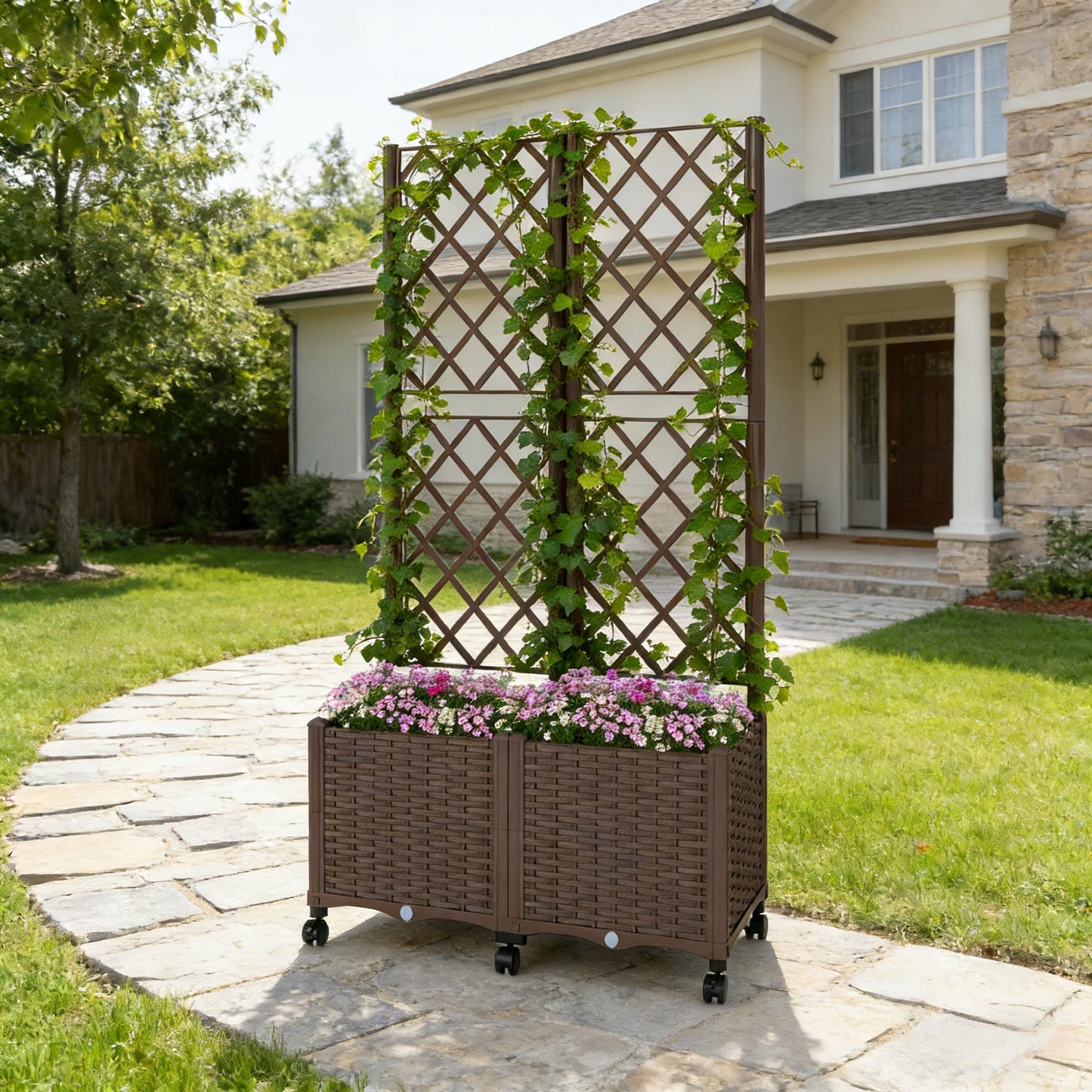 Mobile Raised Garden Planter Box with Trellis - Brown