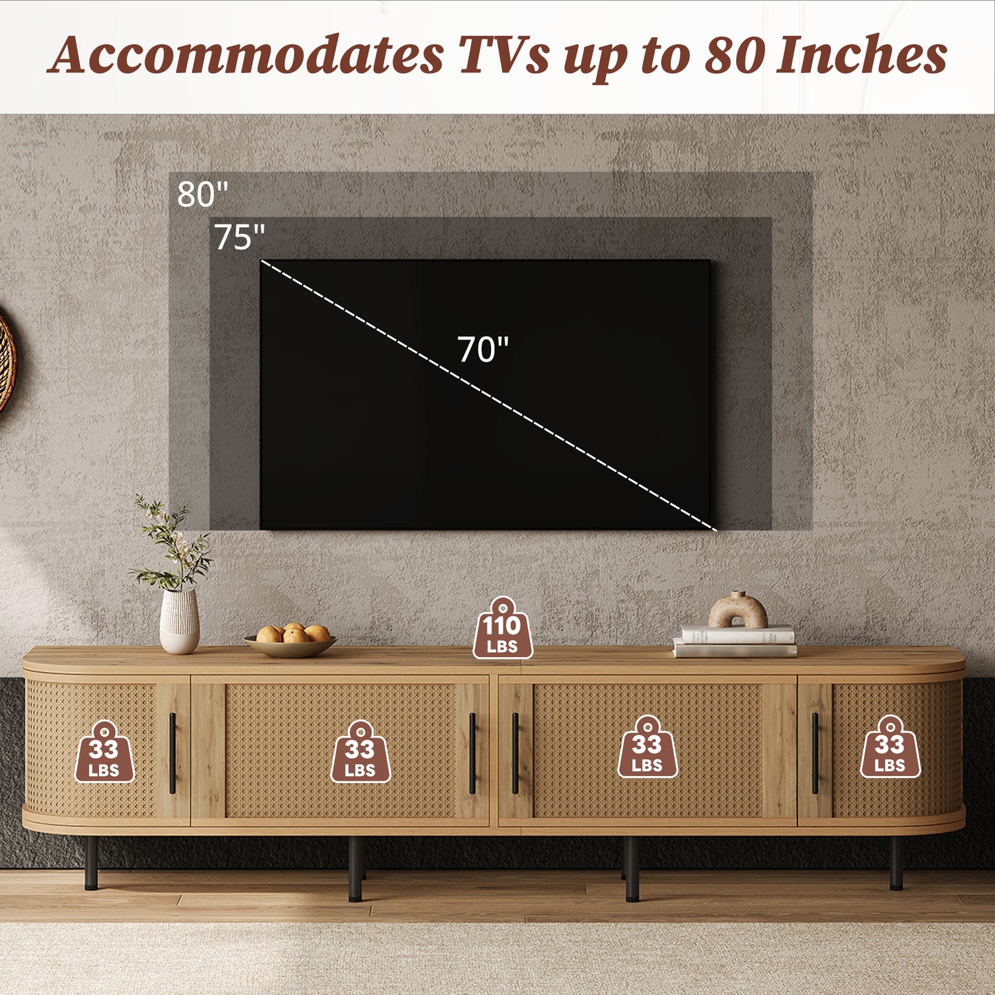 70-Inch Modern TV Stand with Rattan Doors for 80-Inch TVs