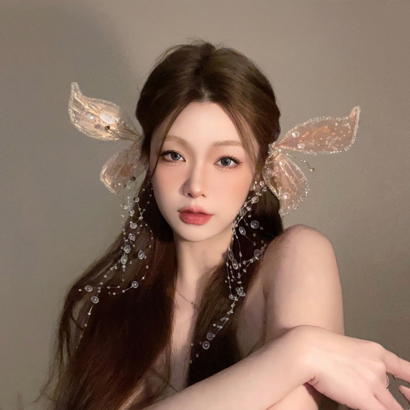 Bridal Crystal Butterfly Headpiece with Tassel