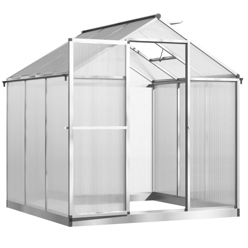 Walk-In Polycarbonate Greenhouse with Roof Vent & Rain Gutter - Silver, 8x6 ft