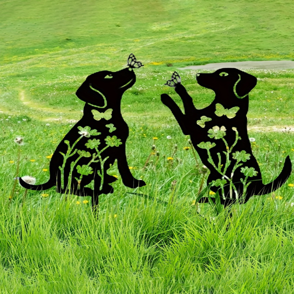 2pcs Metal Dog Garden Decor Sculptures - Puppy Silhouette Stakes for Outdoor Yard