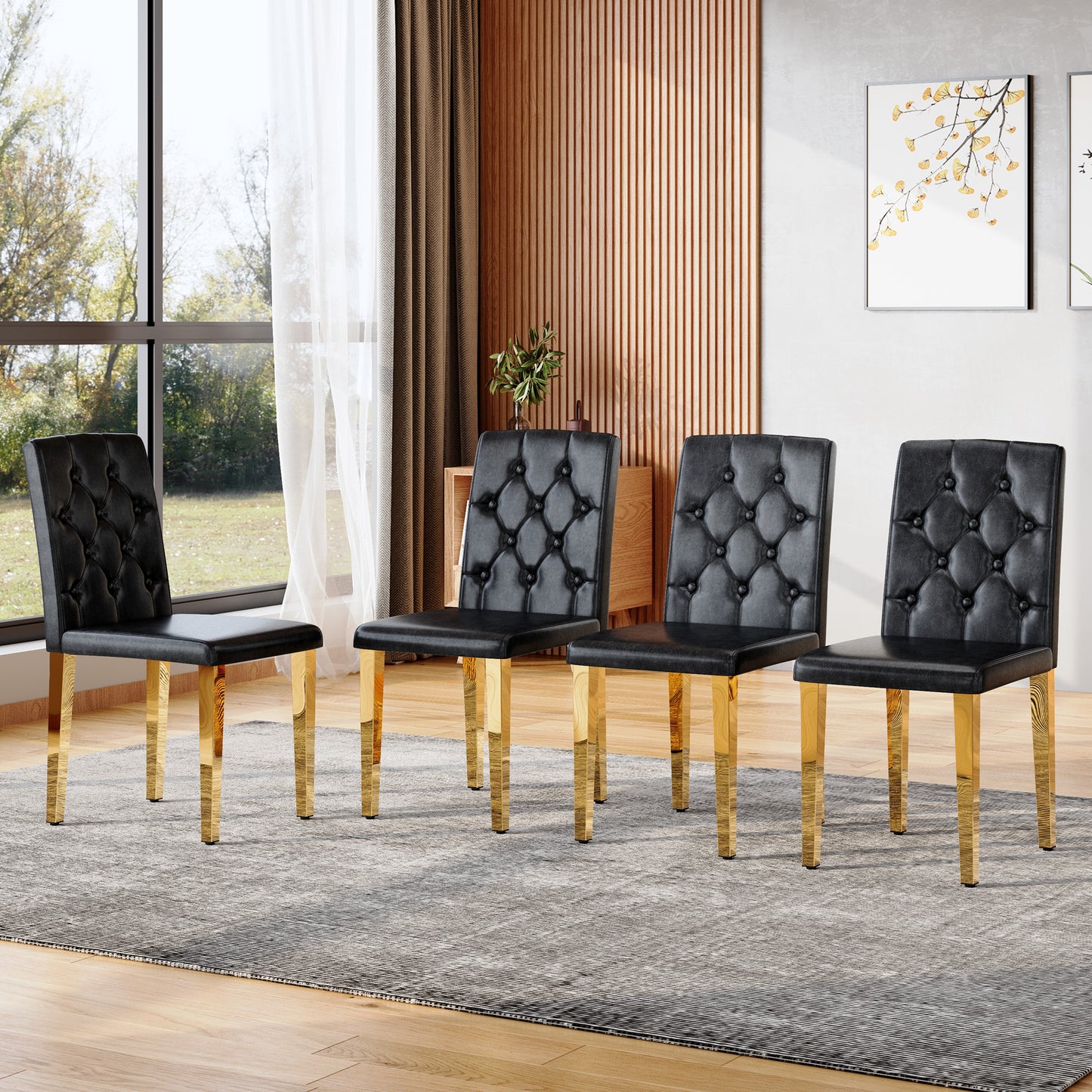 4-pack Black PU Dining Chairs Ergonomic Buckle Backrest, 35 Inches