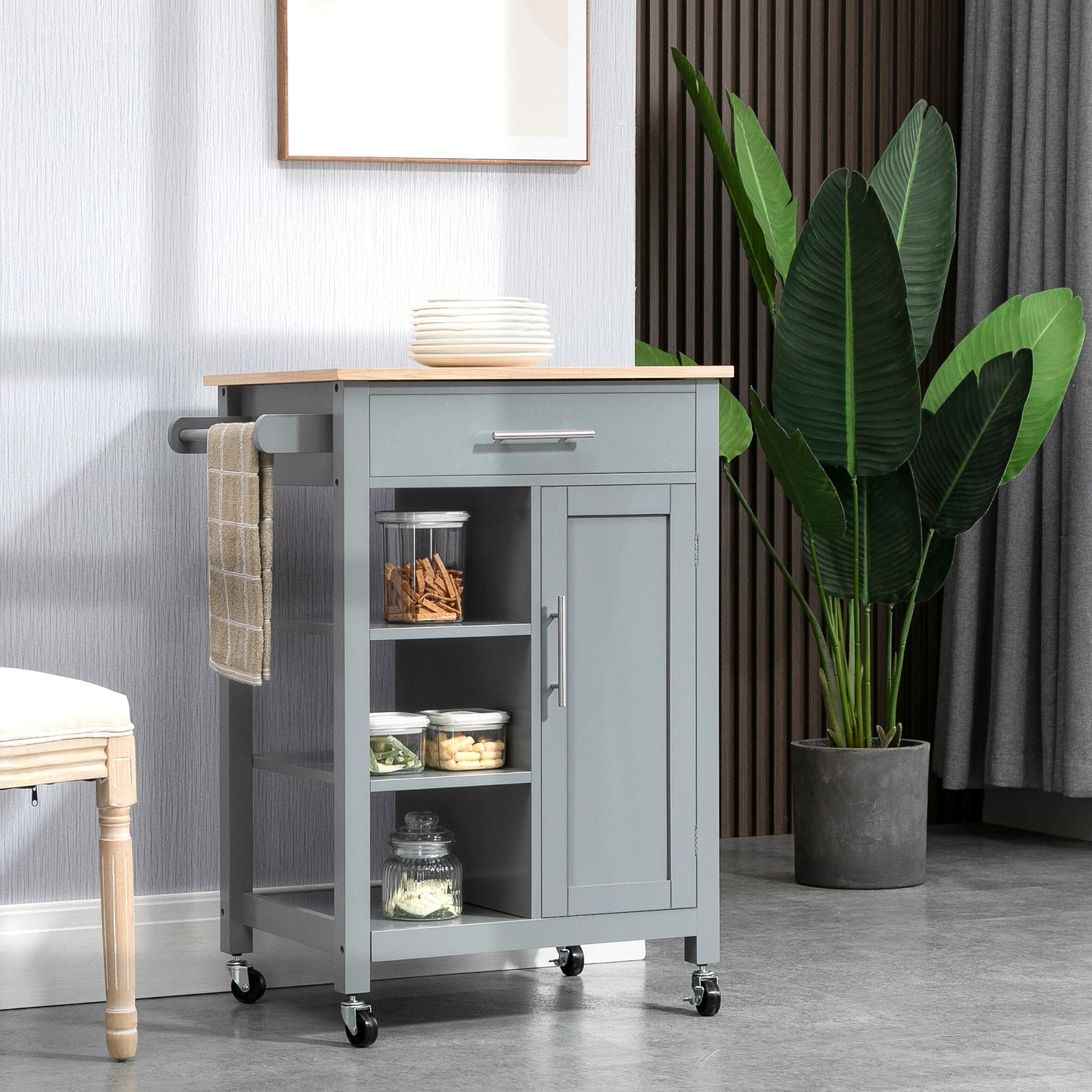 Rolling Kitchen Island Cart with Storage Shelf - Gray