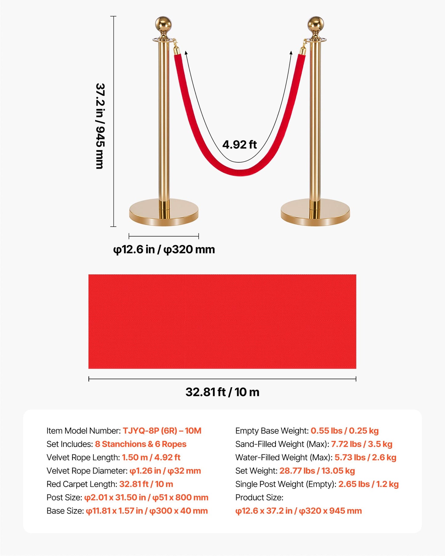 Crowd Control Barrier Set with Velvet Ropes & Red Carpet - 8 Pcs Gold Stanchions