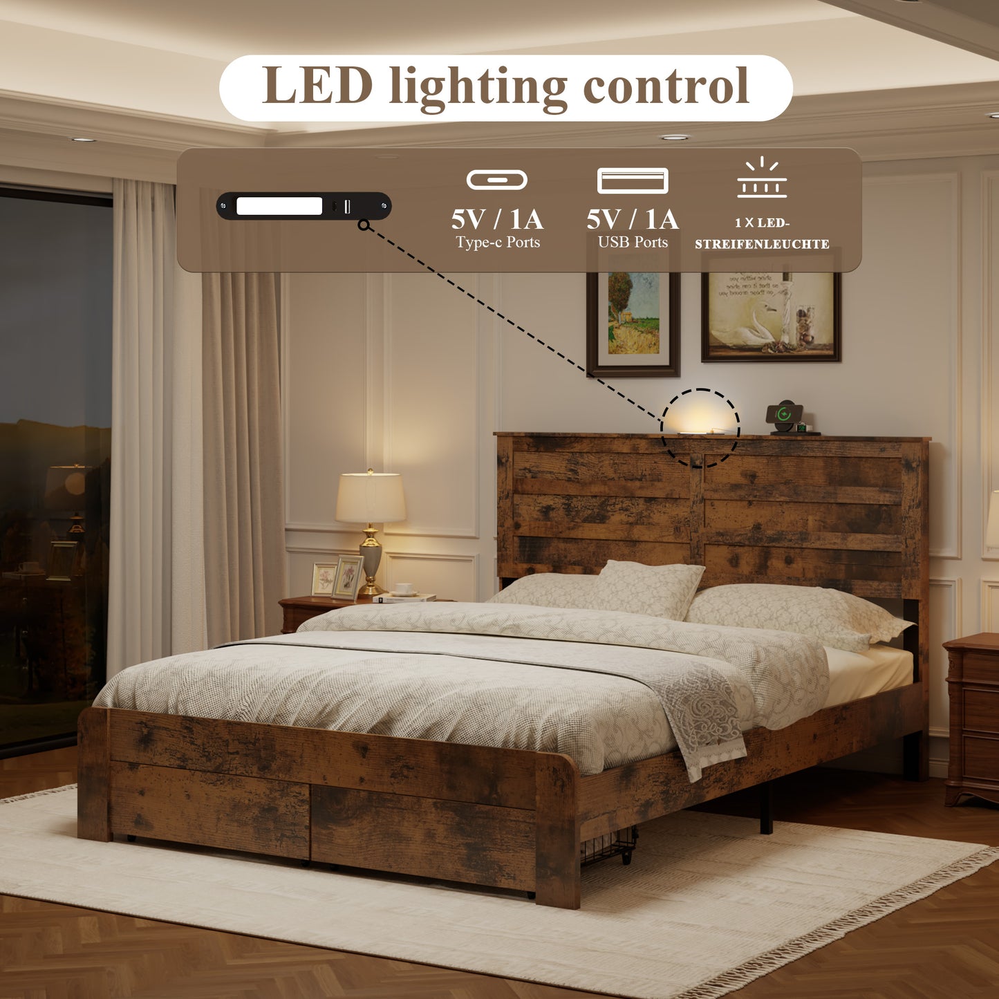 Queen Platform Bed Frame with LED Headboard, USB Charger & Drawers - Dark Brown