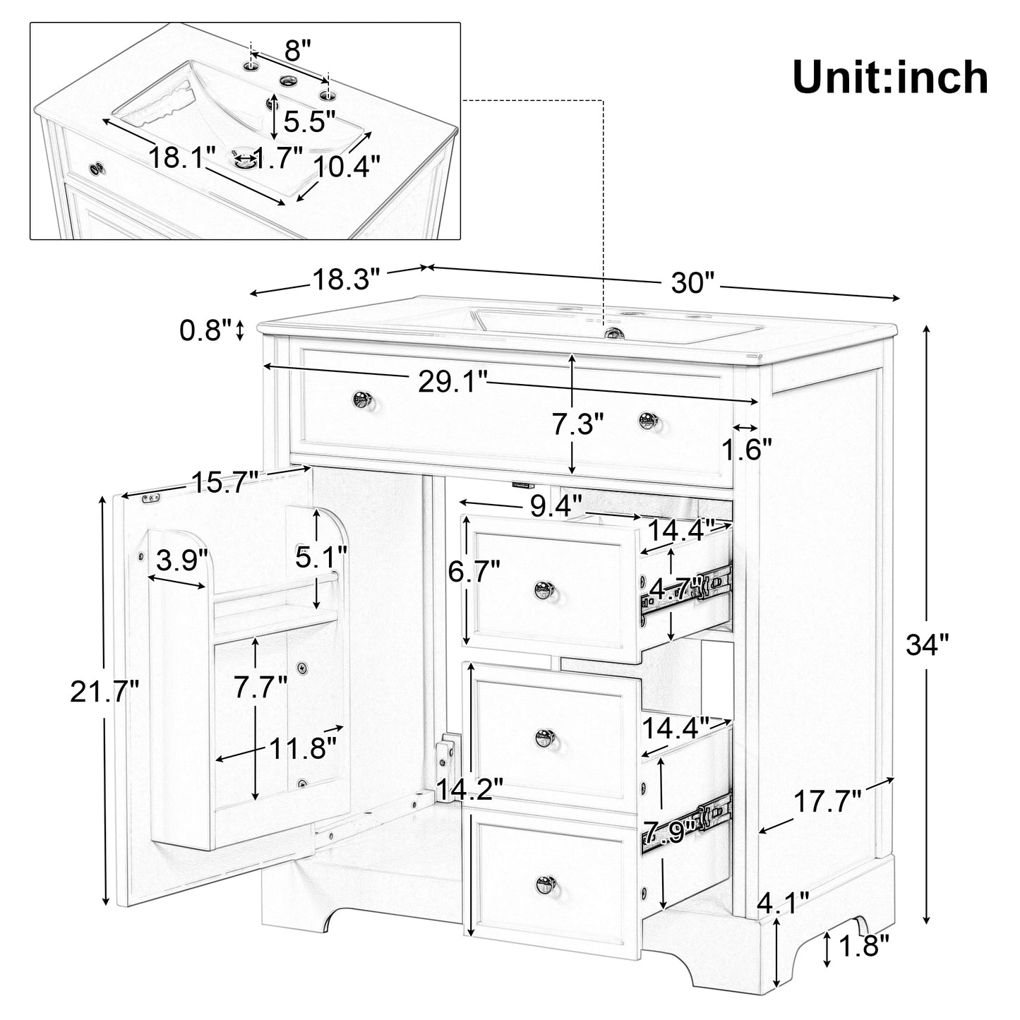 30" Bathroom Vanity with Sink Top - White Cabinet with Drawers