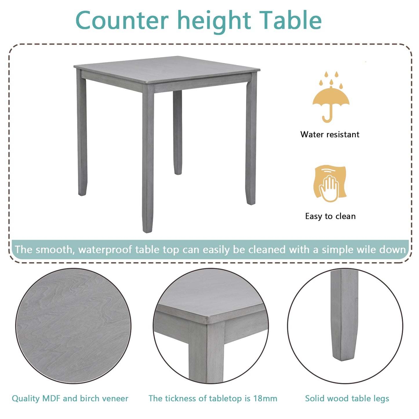 5-Piece Counter Height Dining Table Set with 4 Upholstered Chairs - Gray