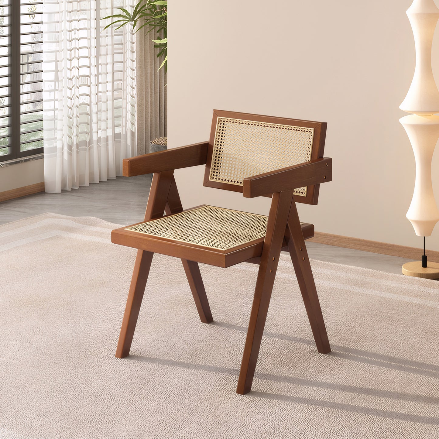 Mid Century Modern Dining Chairs Set of 2 - Brown Rattan Accent Armchairs