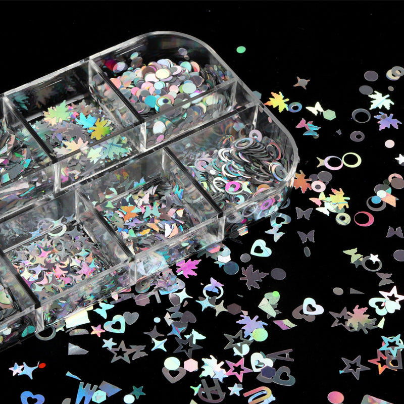 12-Grid Nail Art Sequins Set - Mixed Color Laser Silver DIY Nail Decorations