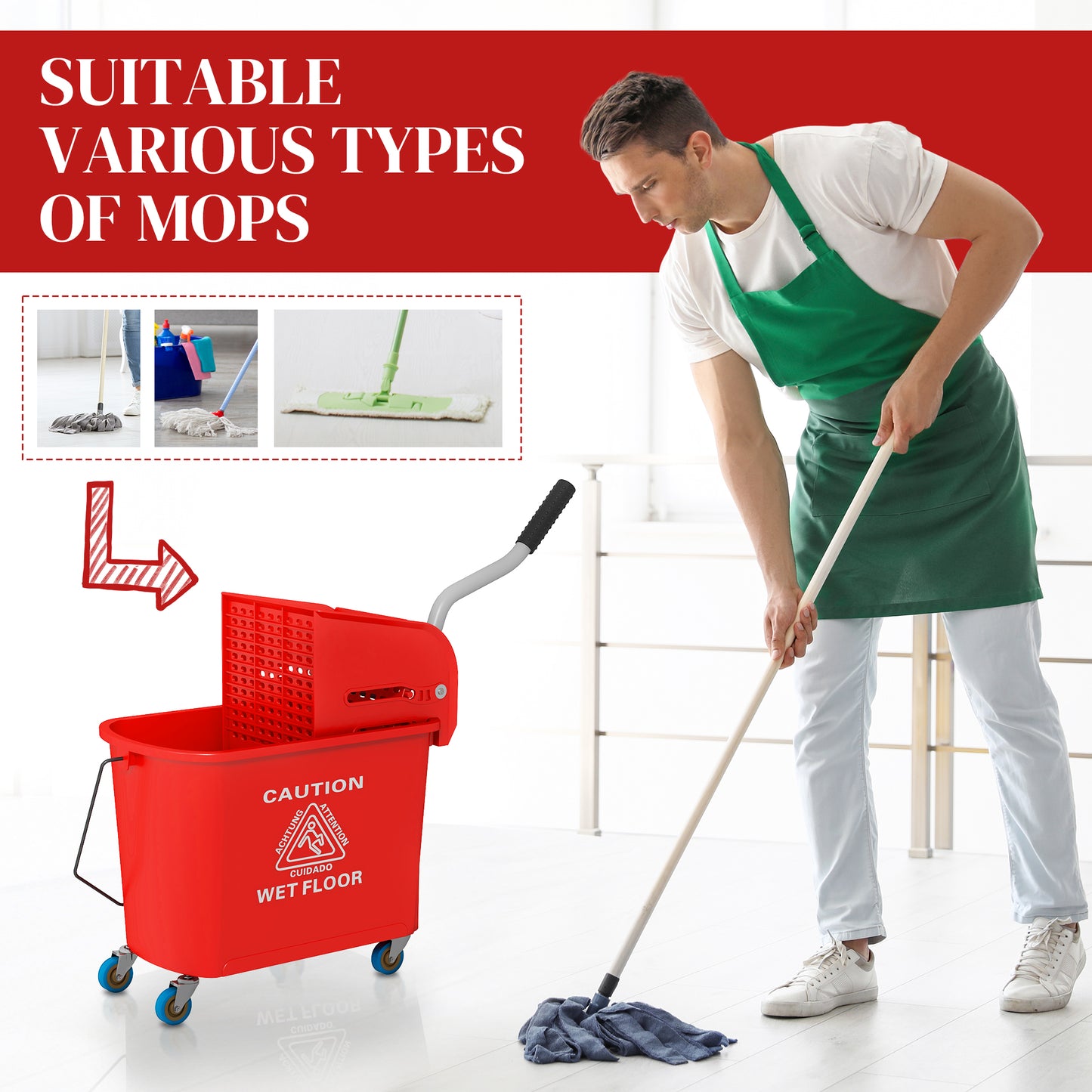 21 Quart Mop Bucket with Wringer on Wheels - Separate Clean & Dirty Water, Red