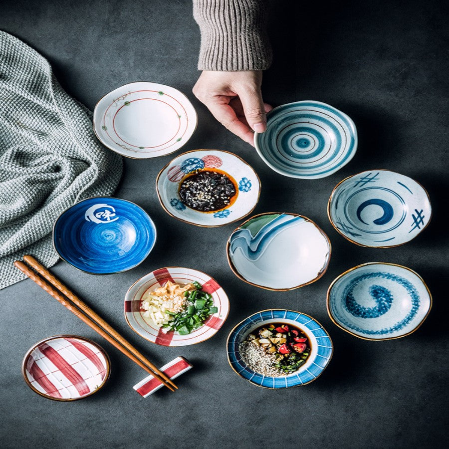 Ceramic Condiment Dish Set - Retro Style Hot Pot Vinegar Sauce Plate