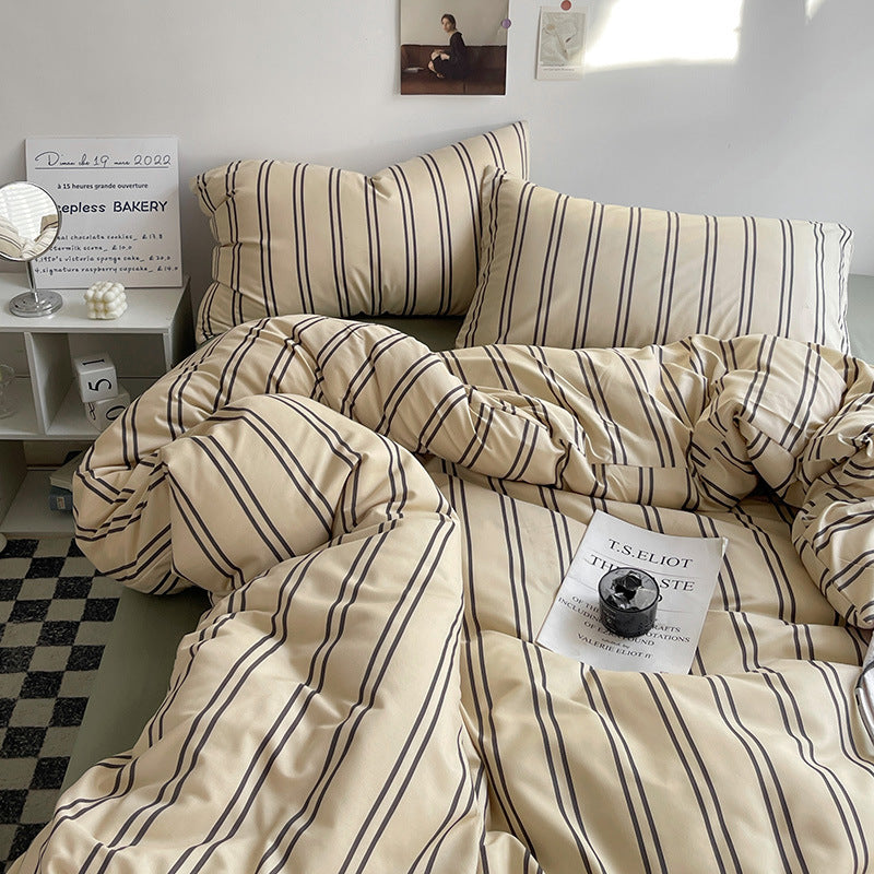Four-Piece Bed Sheet Set with Striped Quilt Cover - Multiple Sizes