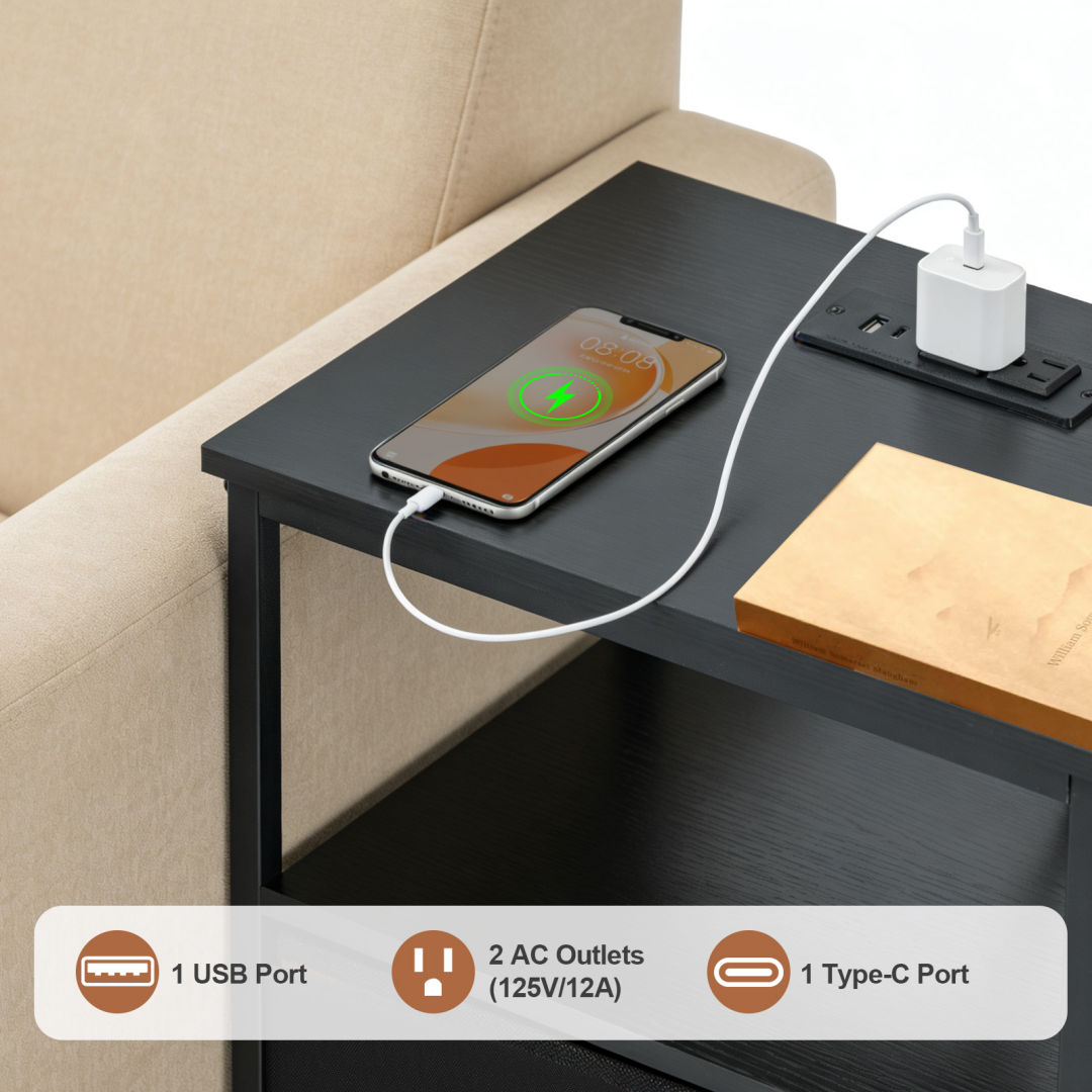 Black Bedside Table with USB-C Port and Adjustable Drawers