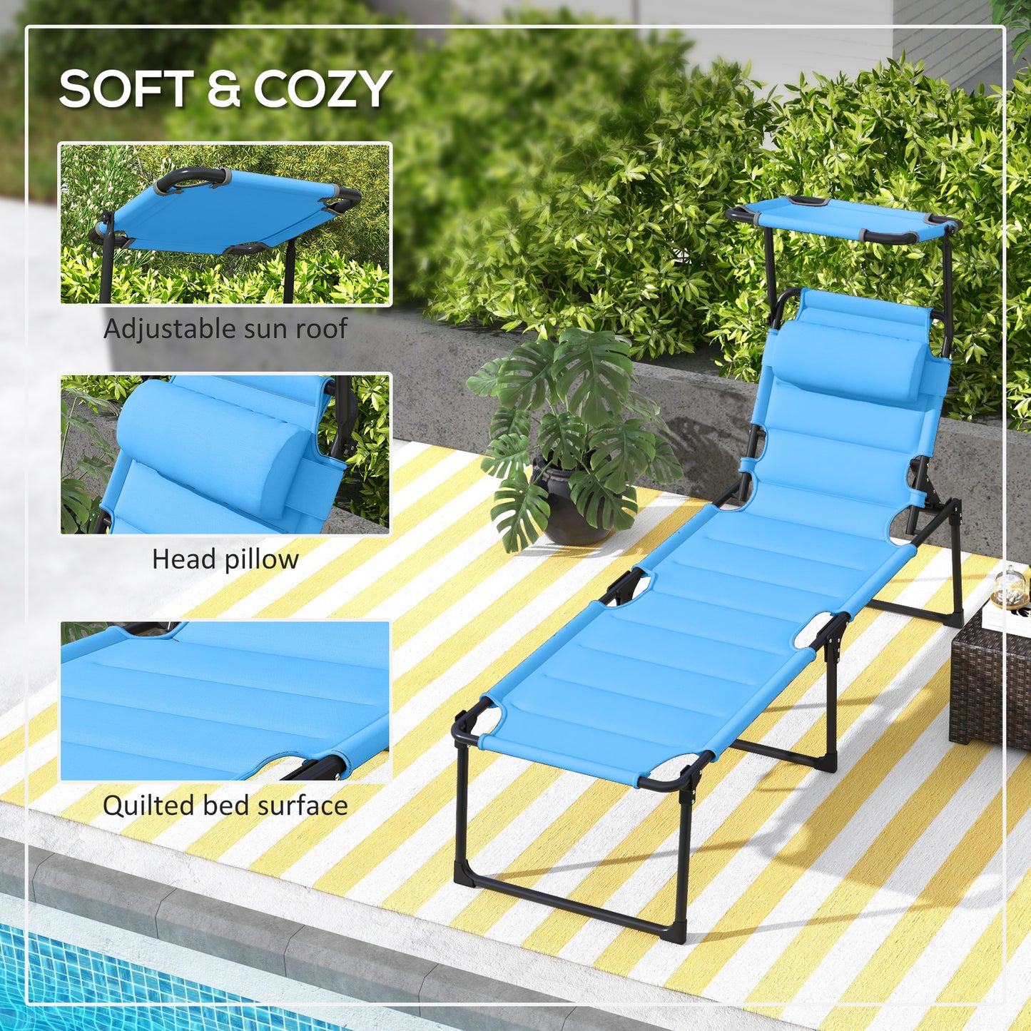 Adjustable Folding Lounge Chair with Sun Shade - Light Blue
