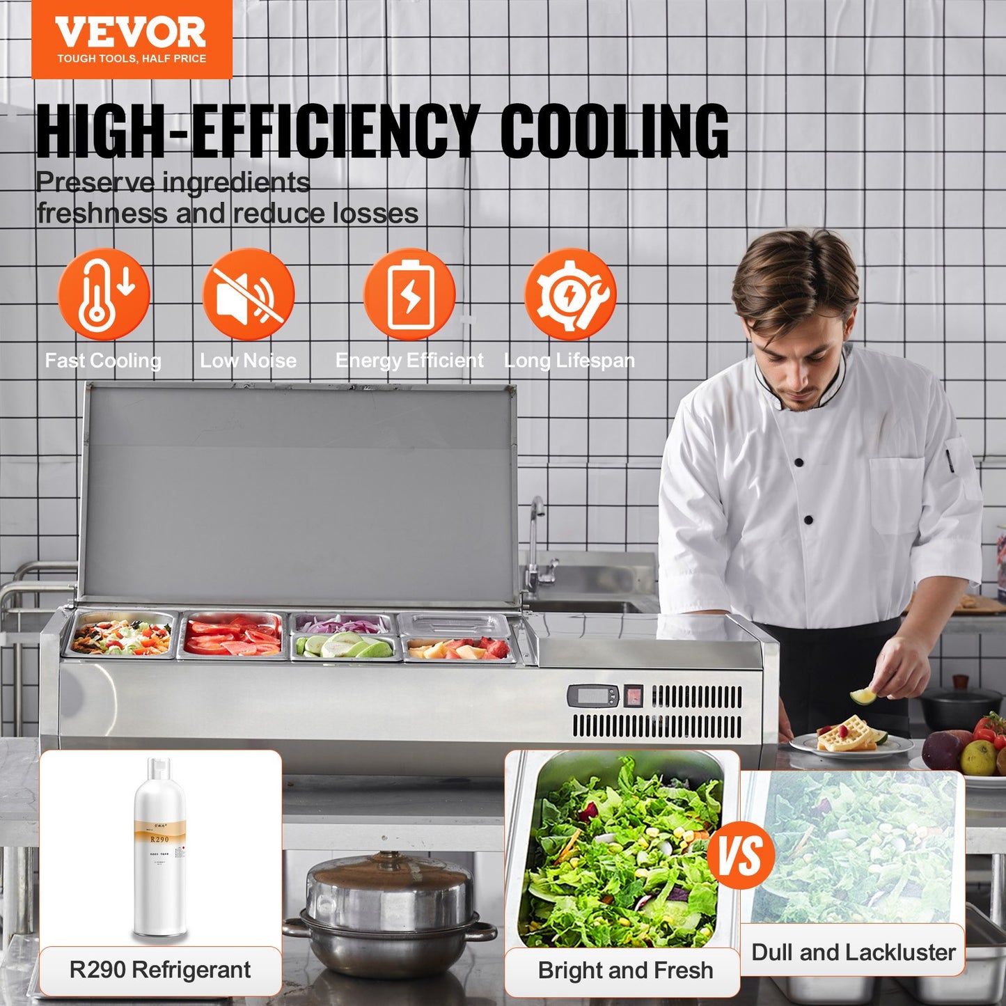 Refrigerated Condiment Prep Station 135W Countertop Food Cooler with Pans