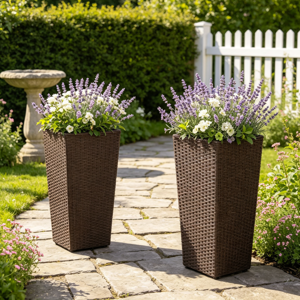 Set of 2 Rattan Planters with Removable Inner Pots & Adjustable Metal Frames - Brown Garden Decor