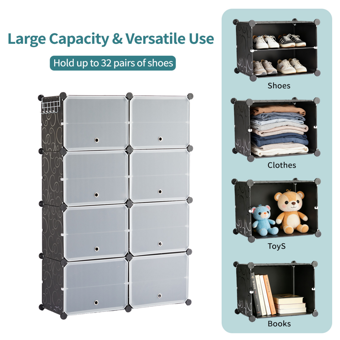 8-Layer Shoe Storage Cabinet with Dust-Proof Door - Black
