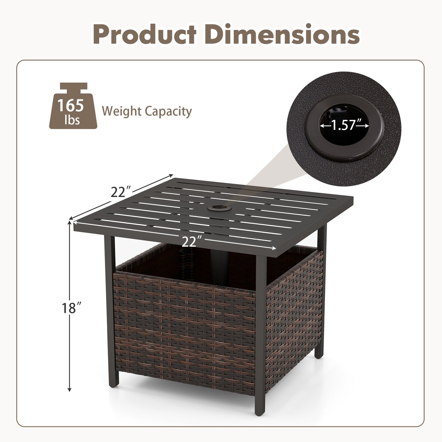 Outdoor Rattan Wicker Side Table with Steel Frame - Brown