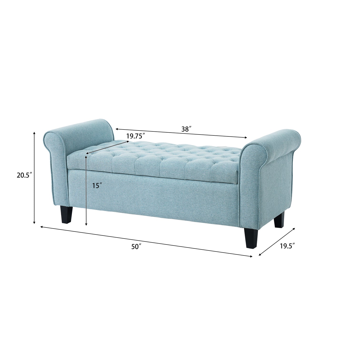 Light Blue Fabric Storage Bench with Rolled Arms - 38" Seat Width