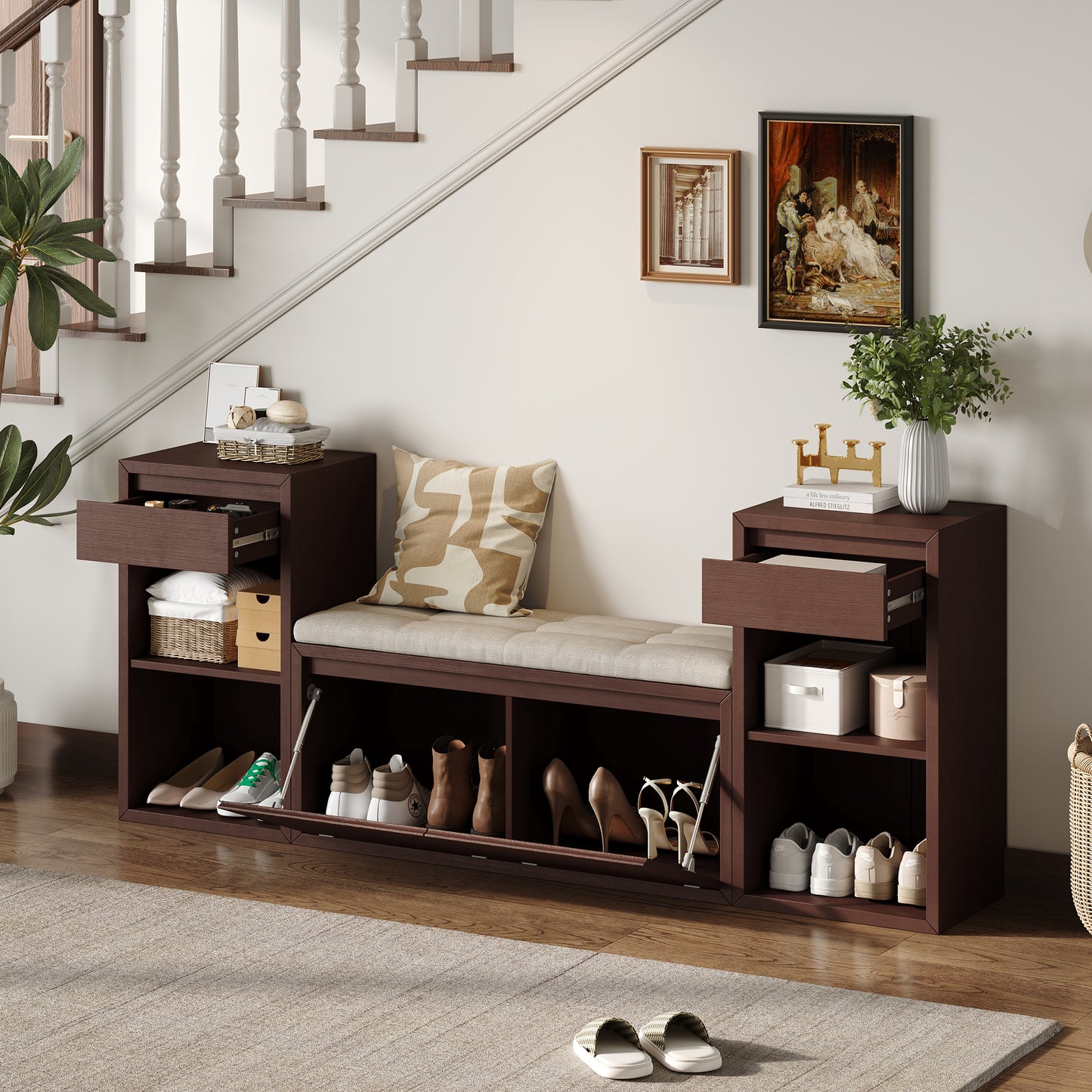 Storage Bench with Cushion - Entryway Organizer with Drawers & Open Shelves - Espresso