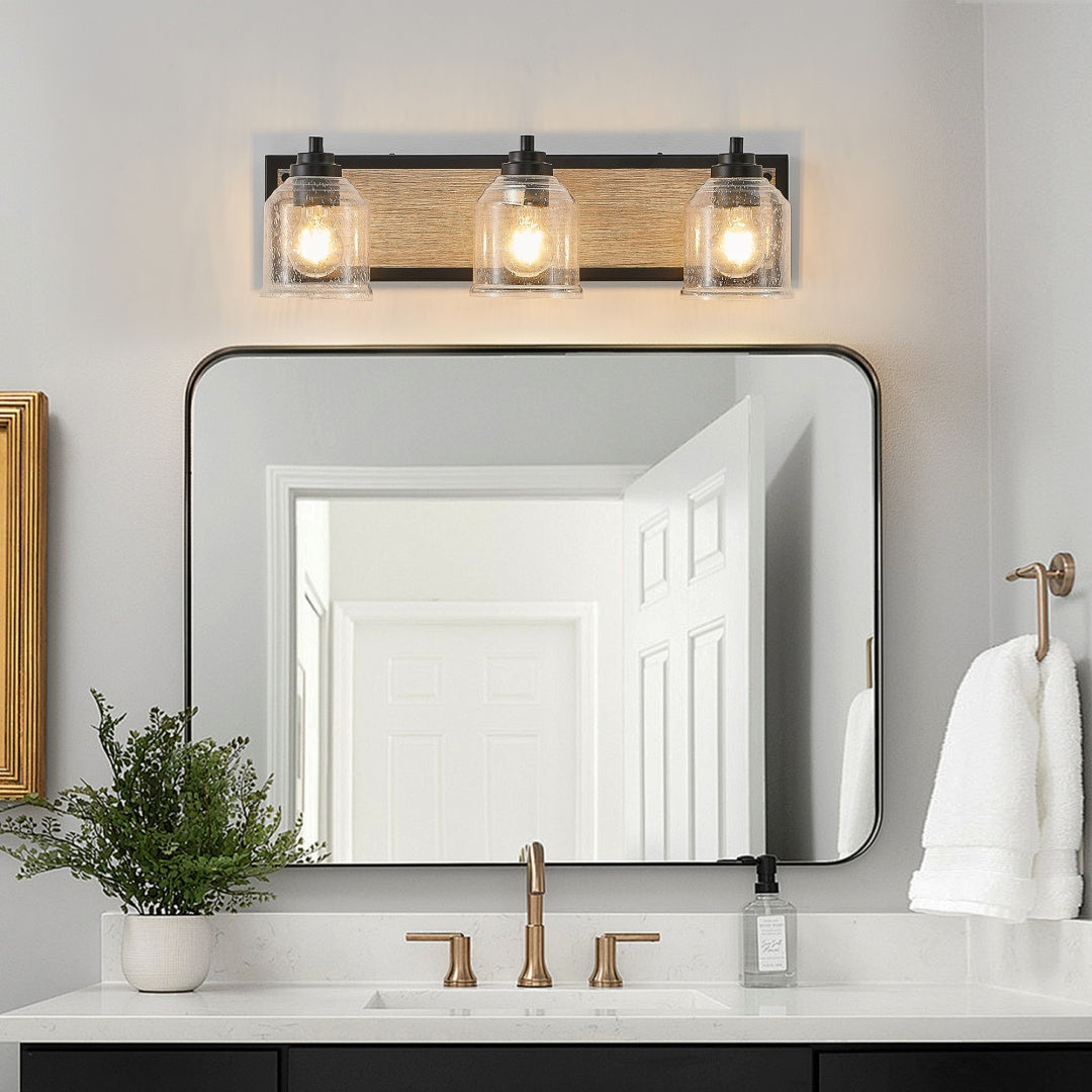 3-Light Farmhouse Vanity Light Fixture - Black & Wood Grain