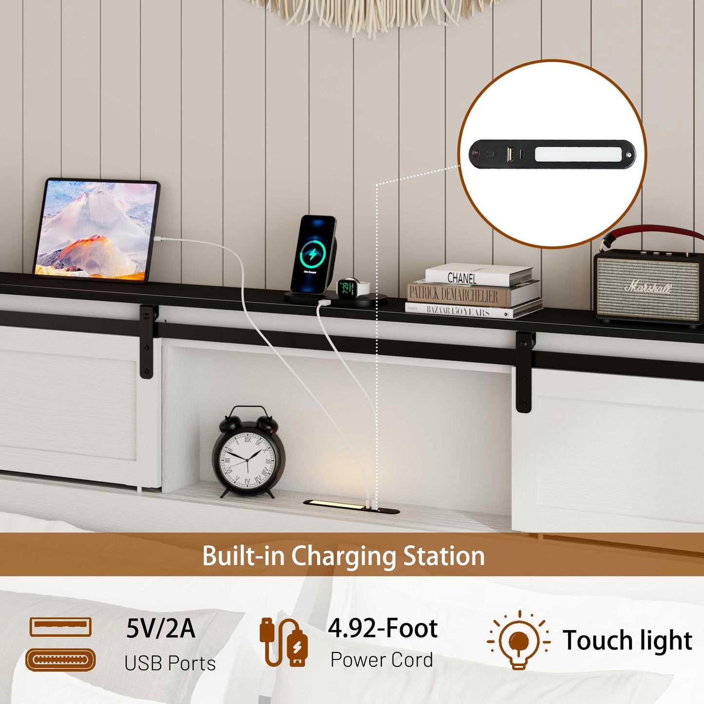 Queen Metal Platform Bed Frame with USB Charging Station - White