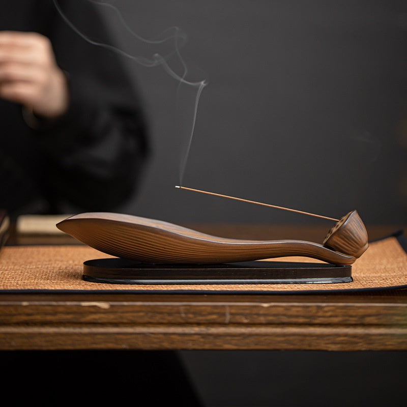 Ceramic Lotus Boat Incense Holder with Wooden Base - Zen Home Fragrance Decor