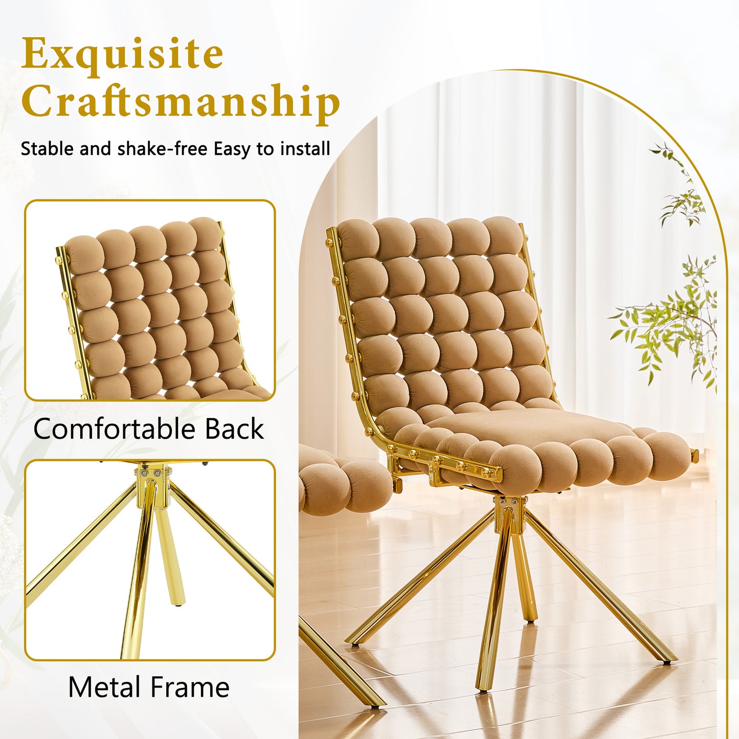 Set of 2 Tufted Ball Backrest Swivel Chairs with Gold Legs - Brown & Gold