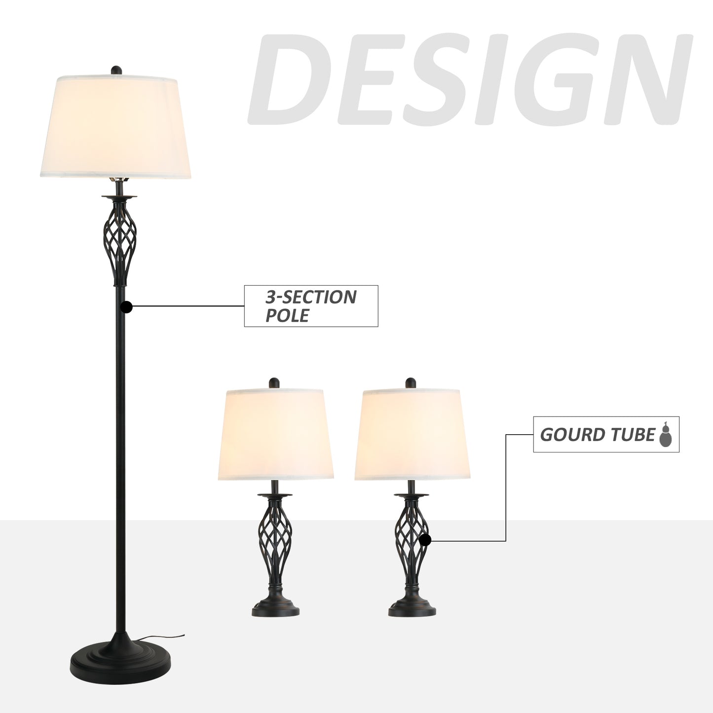 3-Piece Floor and Table Lamp Set with Metal Poles and Fabric Shades for Living Room - Black/White