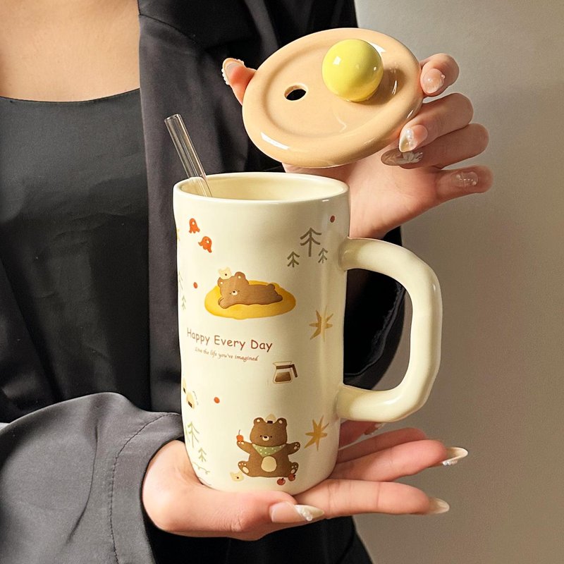 Ceramic Drinking Cup with Lid - Cartoon Style, 500ml Capacity, Multiple Variants