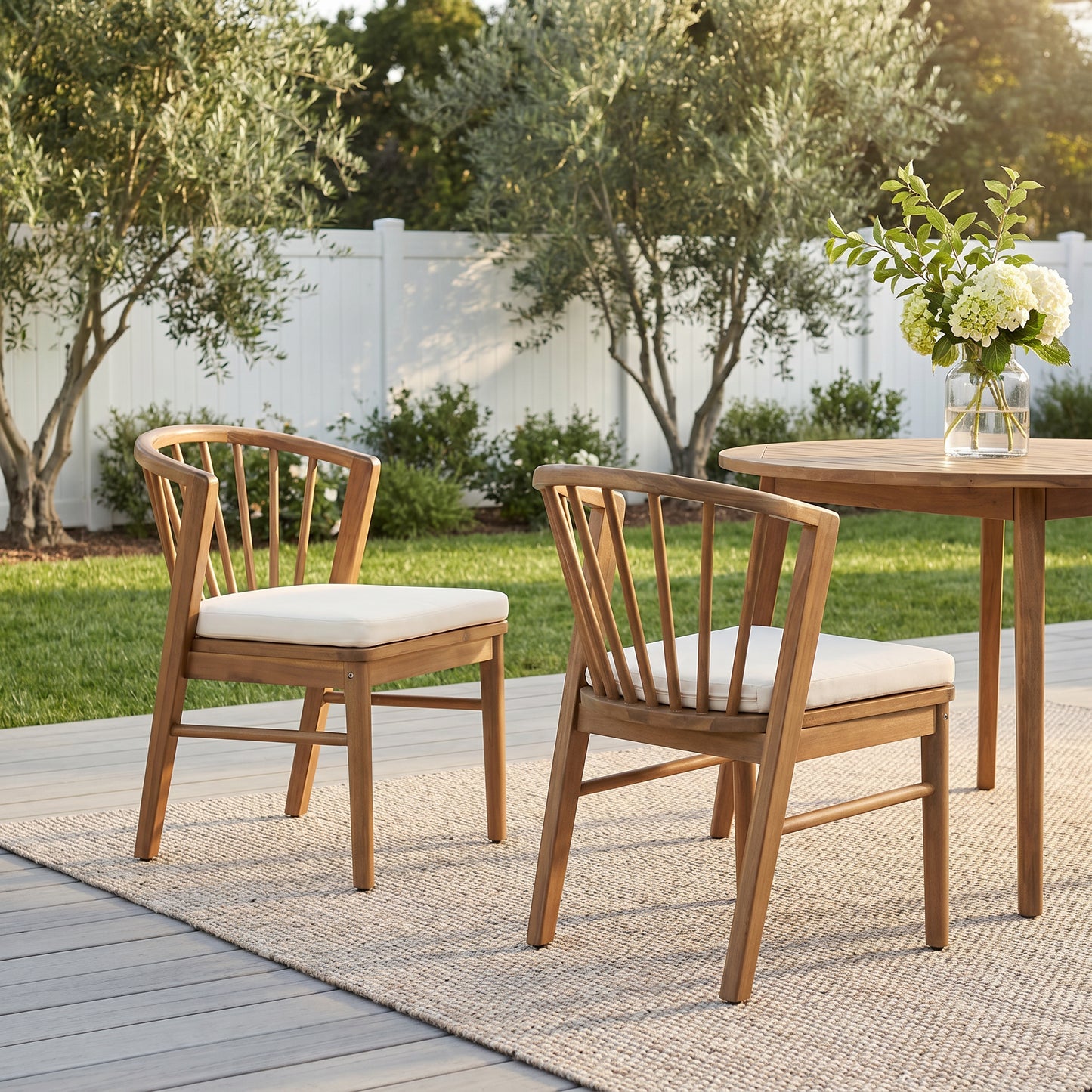 Outdoor Dining Chairs Set of 2 - Acacia Wood with Cream Cushion