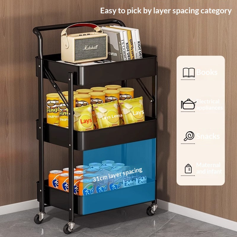 White 3-Tier Movable Kitchen Storage Rack with Hooks - Multi-Layer Steel Cart