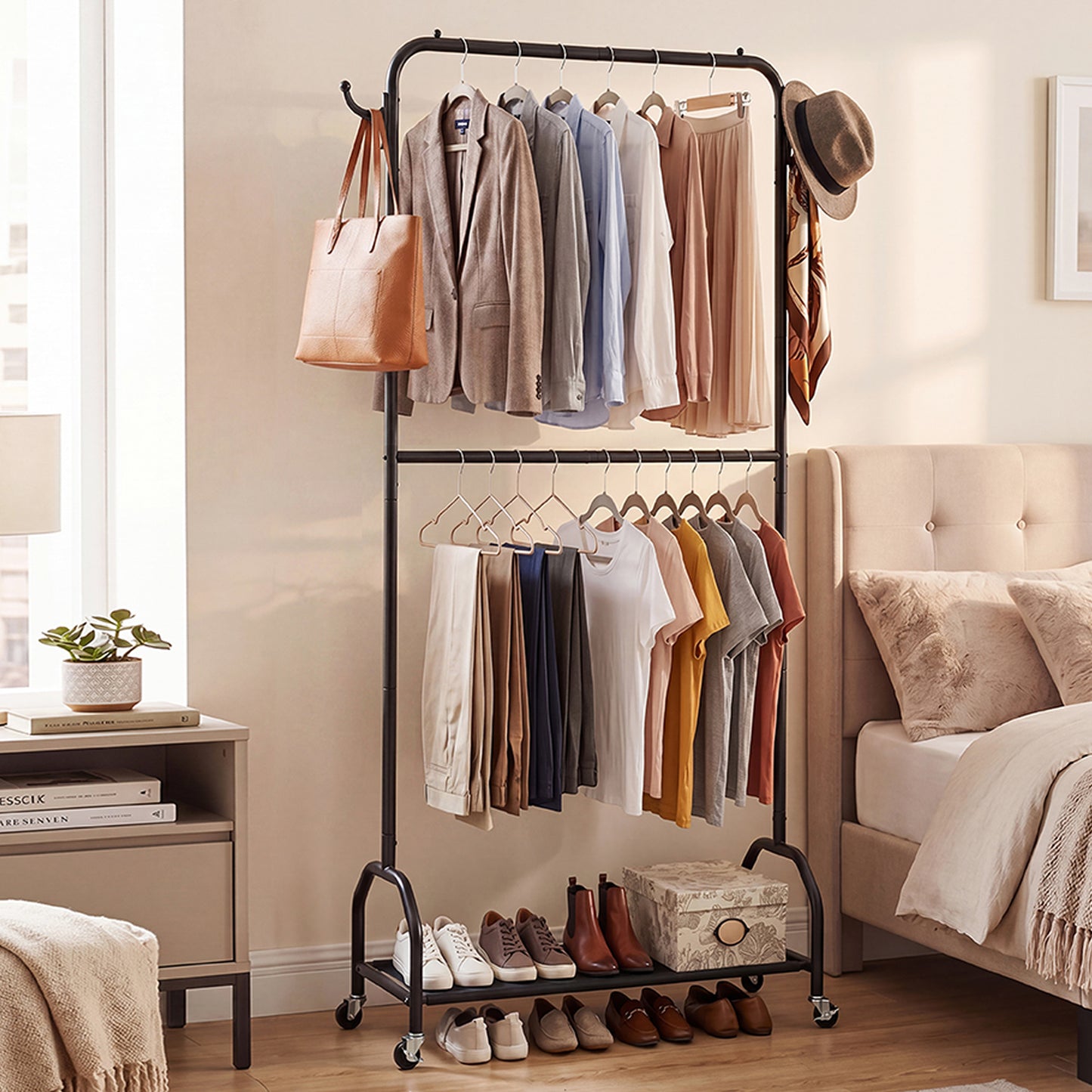 Double Hanging Clothes Rack with Wheels & Bottom Shelf - Black