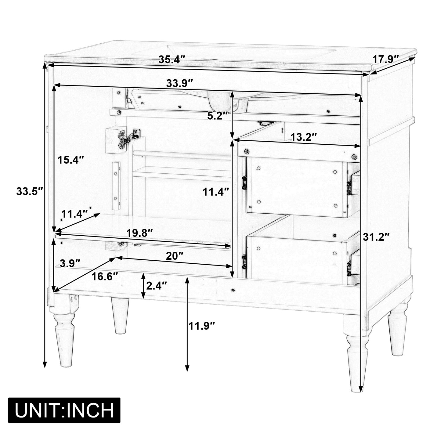 36" Bathroom Vanity with Sink - Freestanding Cabinet, White