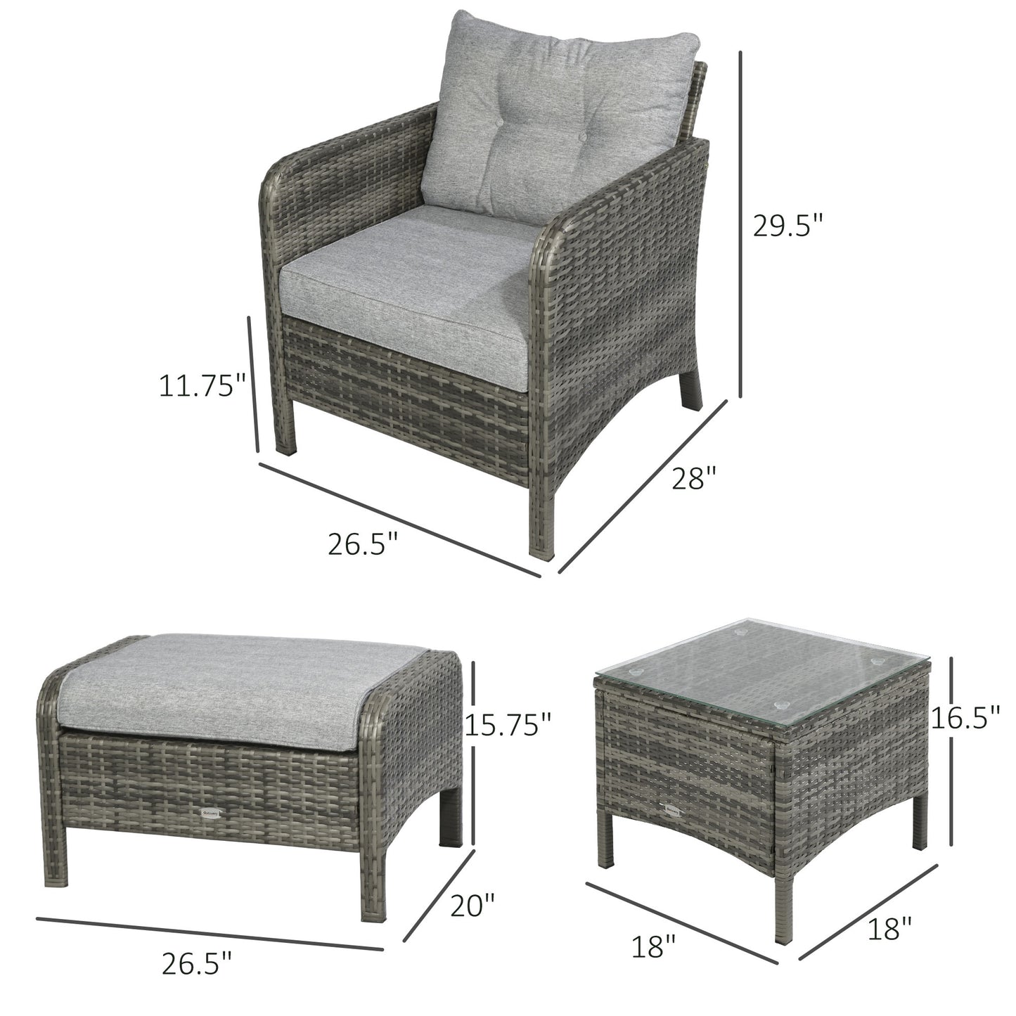 5-Piece Outdoor Rattan Lounge Chair Set with Cushions and Coffee Table - Gray