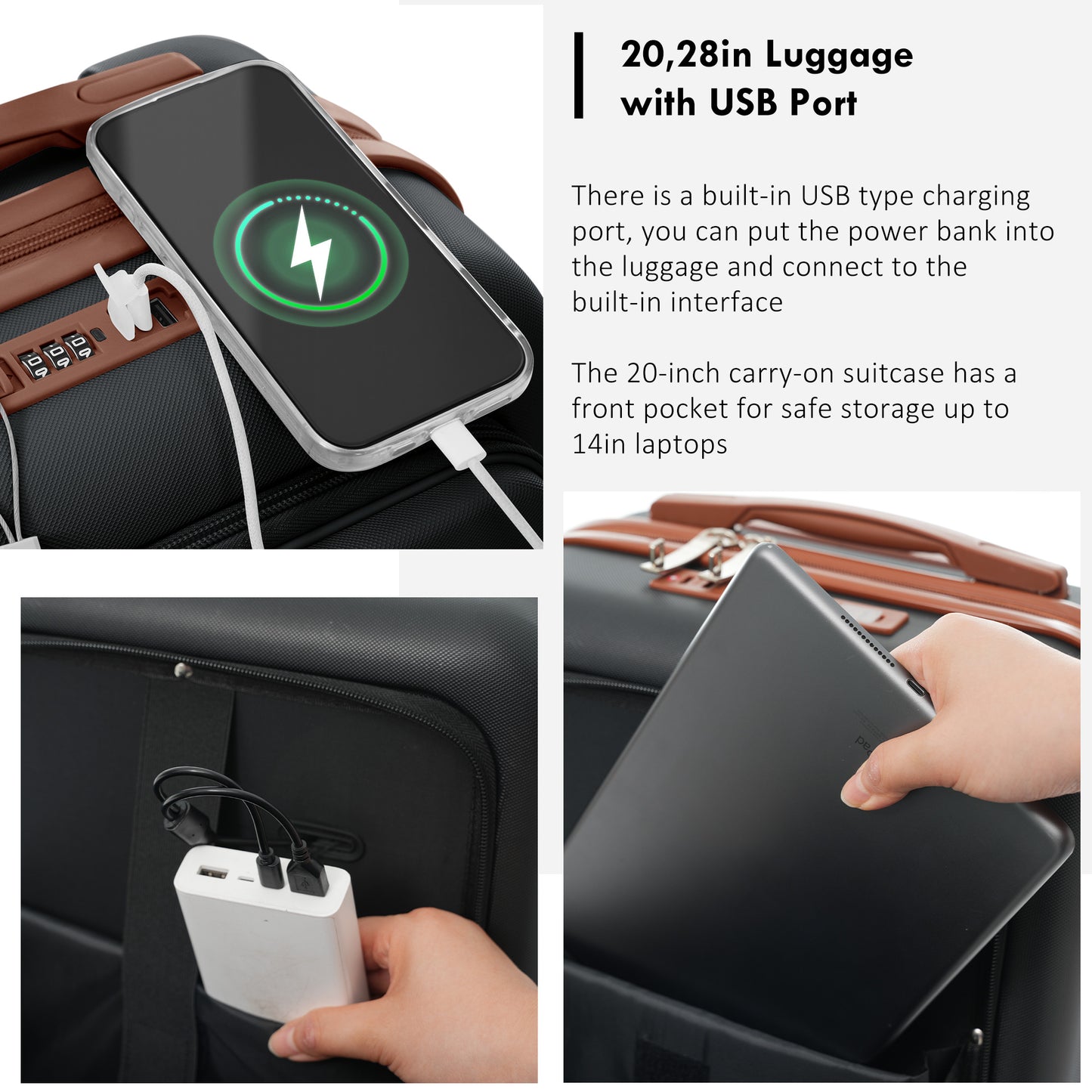 4-Piece Luggage Set with USB Charging Ports - Black & Brown
