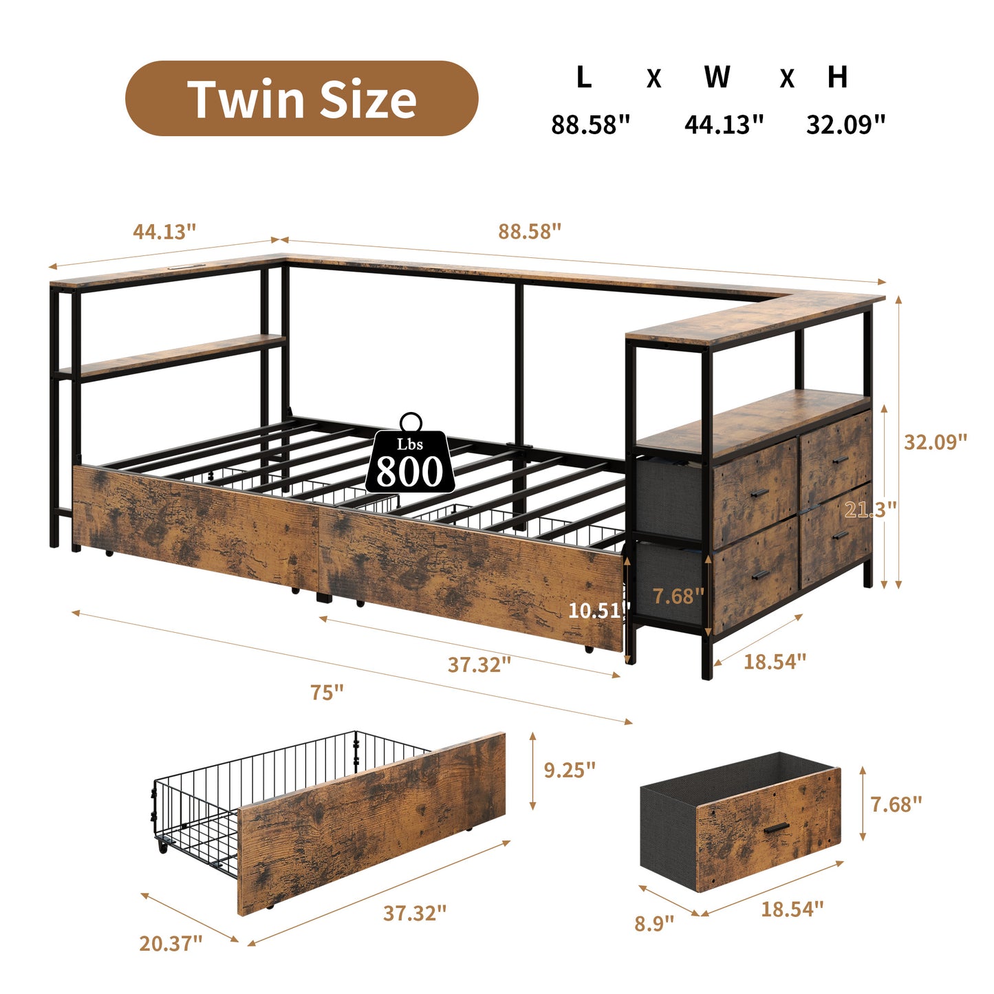 Twin Corner Daybed with Storage Drawers - Black Metal Frame