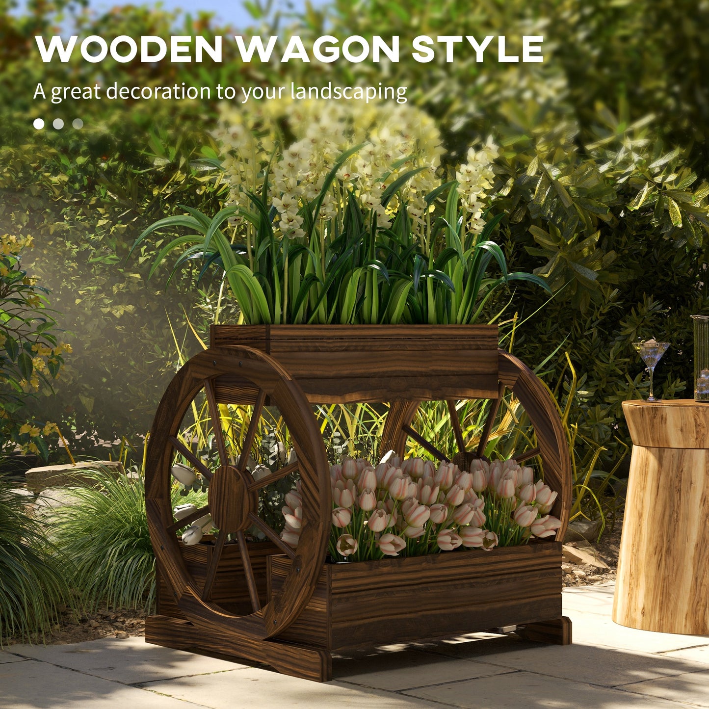 Wooden Wagon Planter Box - 3-Tier Raised Garden Bed for Vegetables Flowers Herbs - 25 x 21 x 24 inches