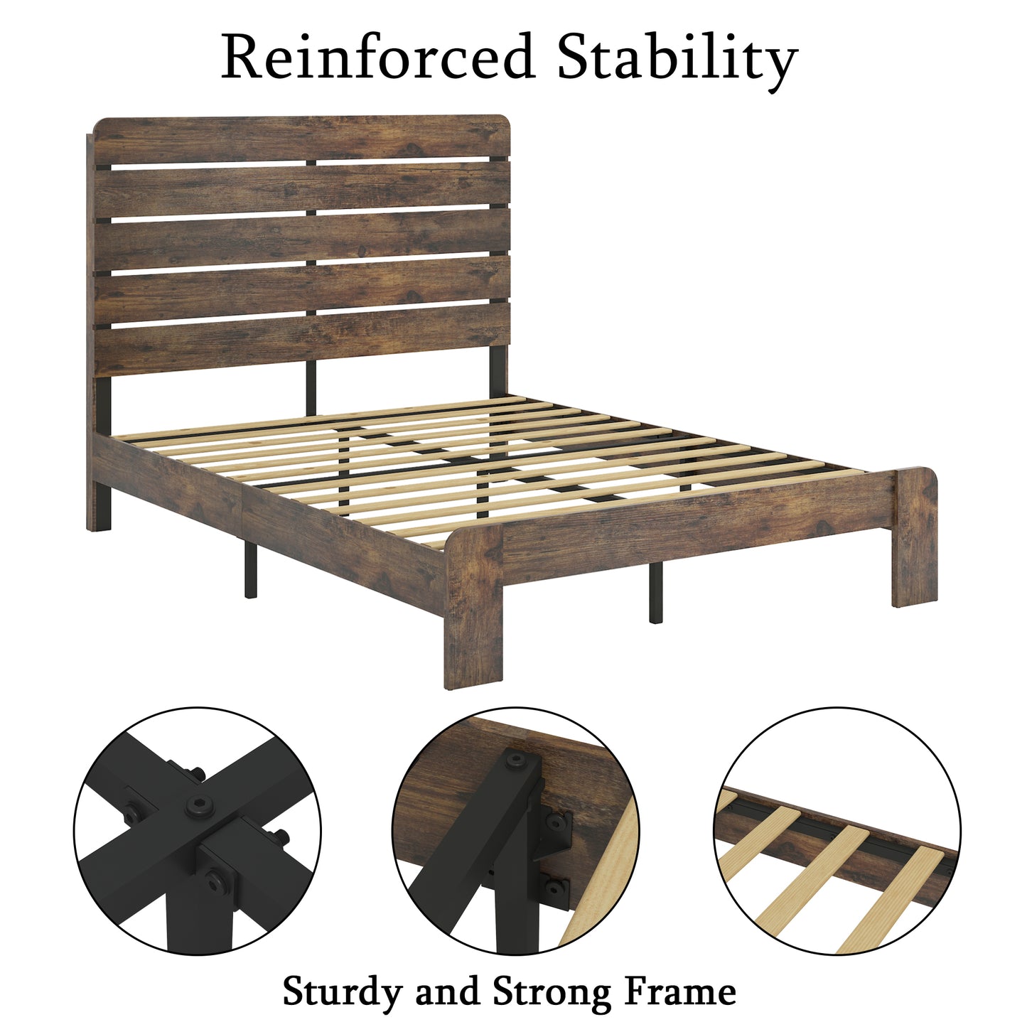 Full Wood Platform Bed Frame with Underbed Storage - Dark Brown