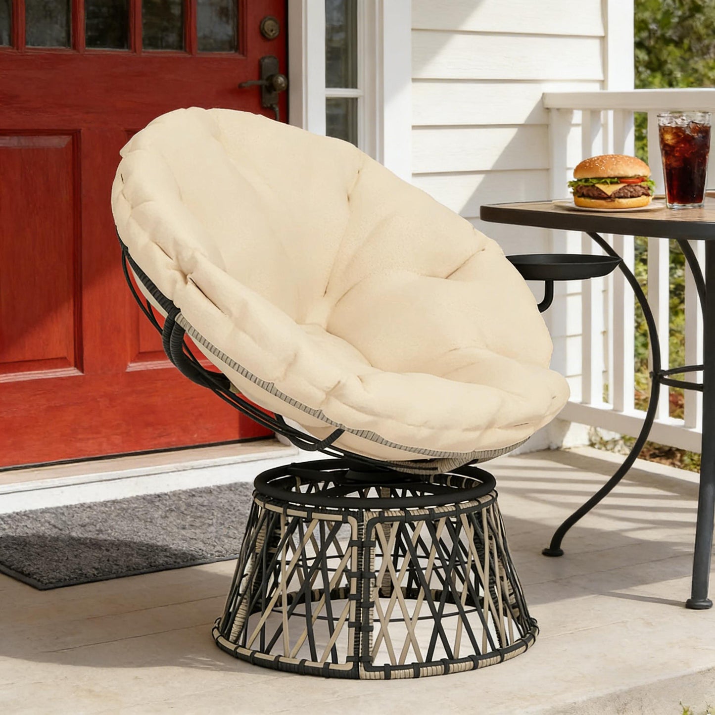 Swivel Papasan Chair - Outdoor Seating with Side Tray - Beige & Dark Gray