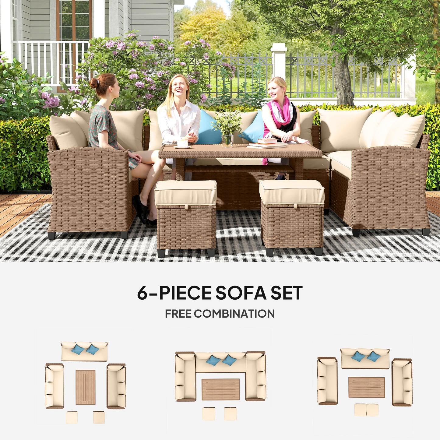 6-Piece Outdoor Furniture Set with Sectional Sofa and Dining Table - Khaki