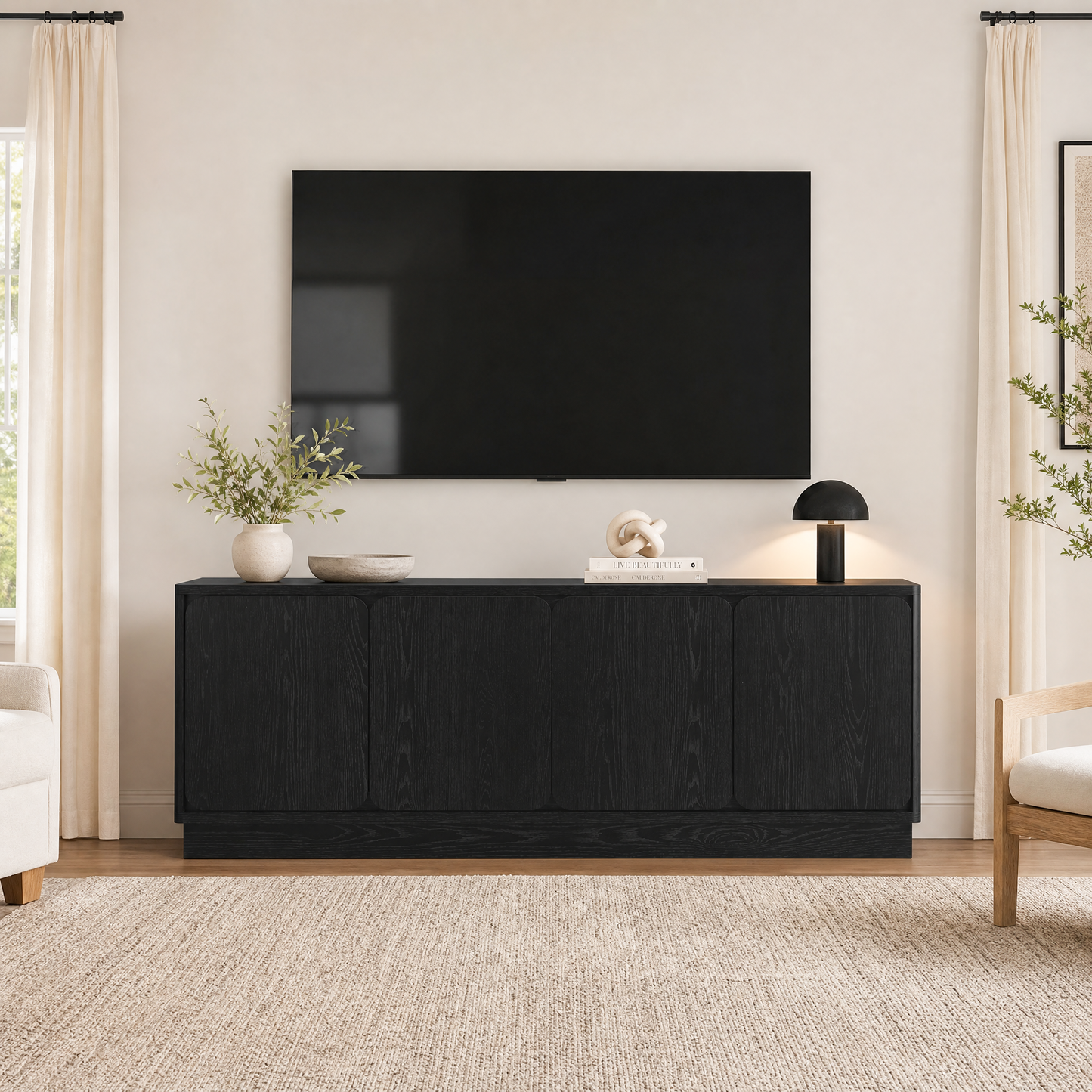 63 Inch Black TV Stand with 4 Storage Doors - Modern Media Console