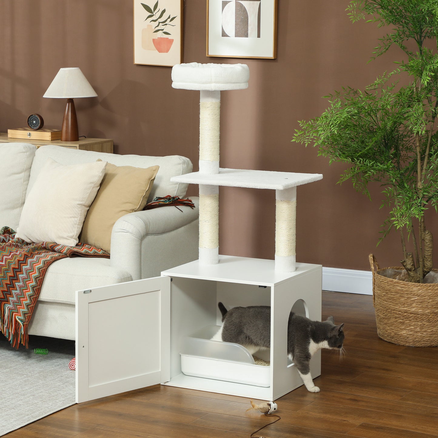 Multi-Functional Cat Tree with Litter Box Enclosure, Climbing Posts & Bed - White