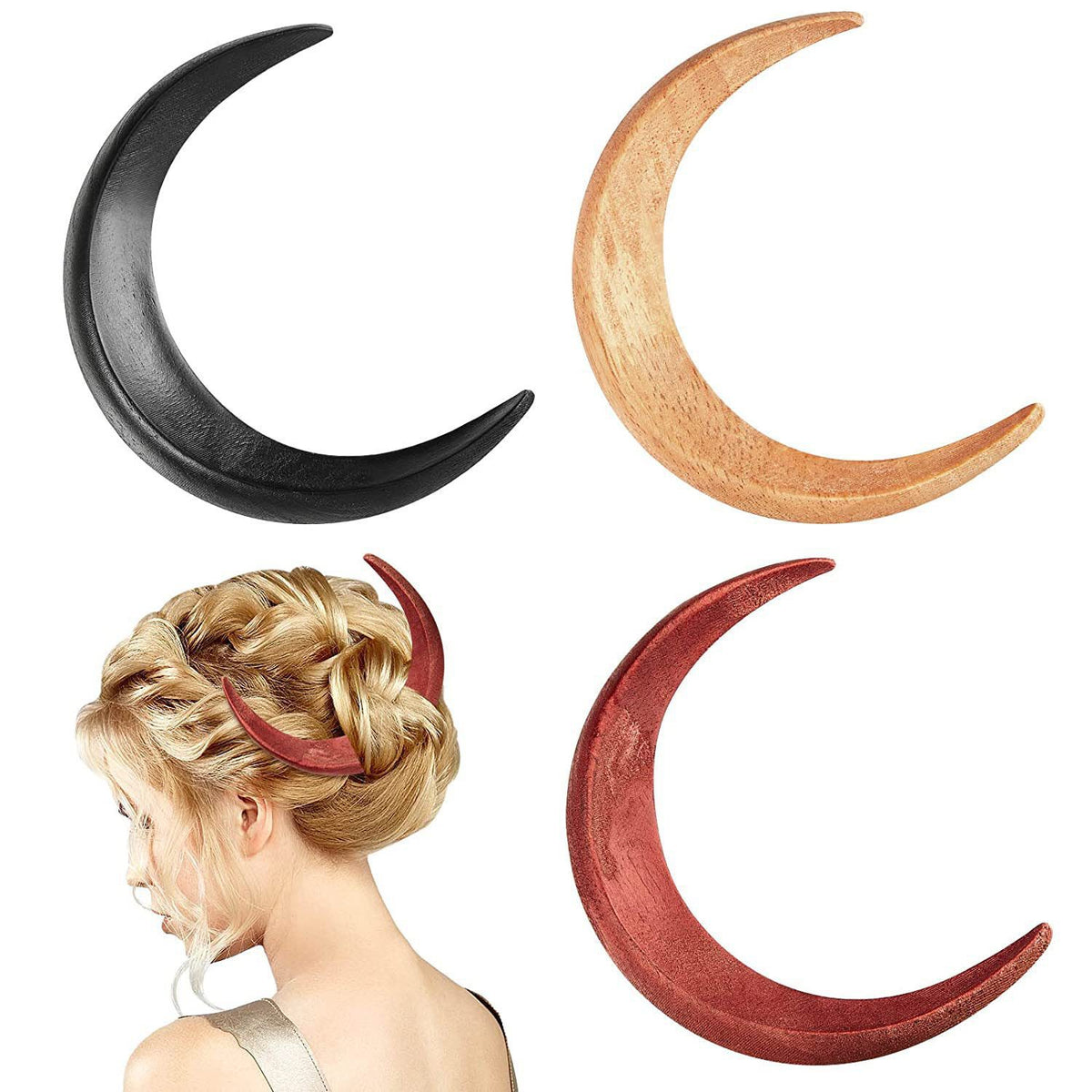 Wooden Crescent Hair Barrette - Black, Brown
