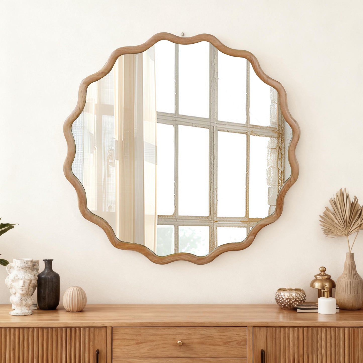 30-Inch Wavy Round Solid Wood Frame Decorative Mirror - Natural Wood