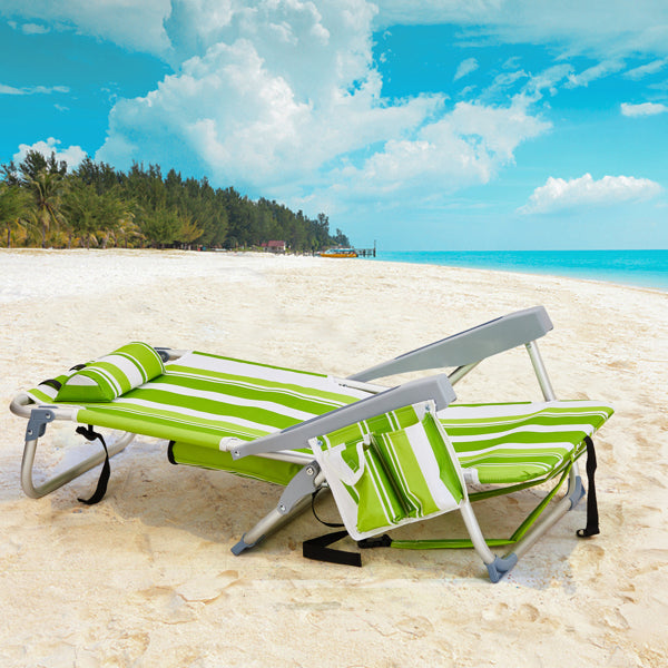 Lightweight Folding Beach Chair - Green Stripes, Adjustable Back