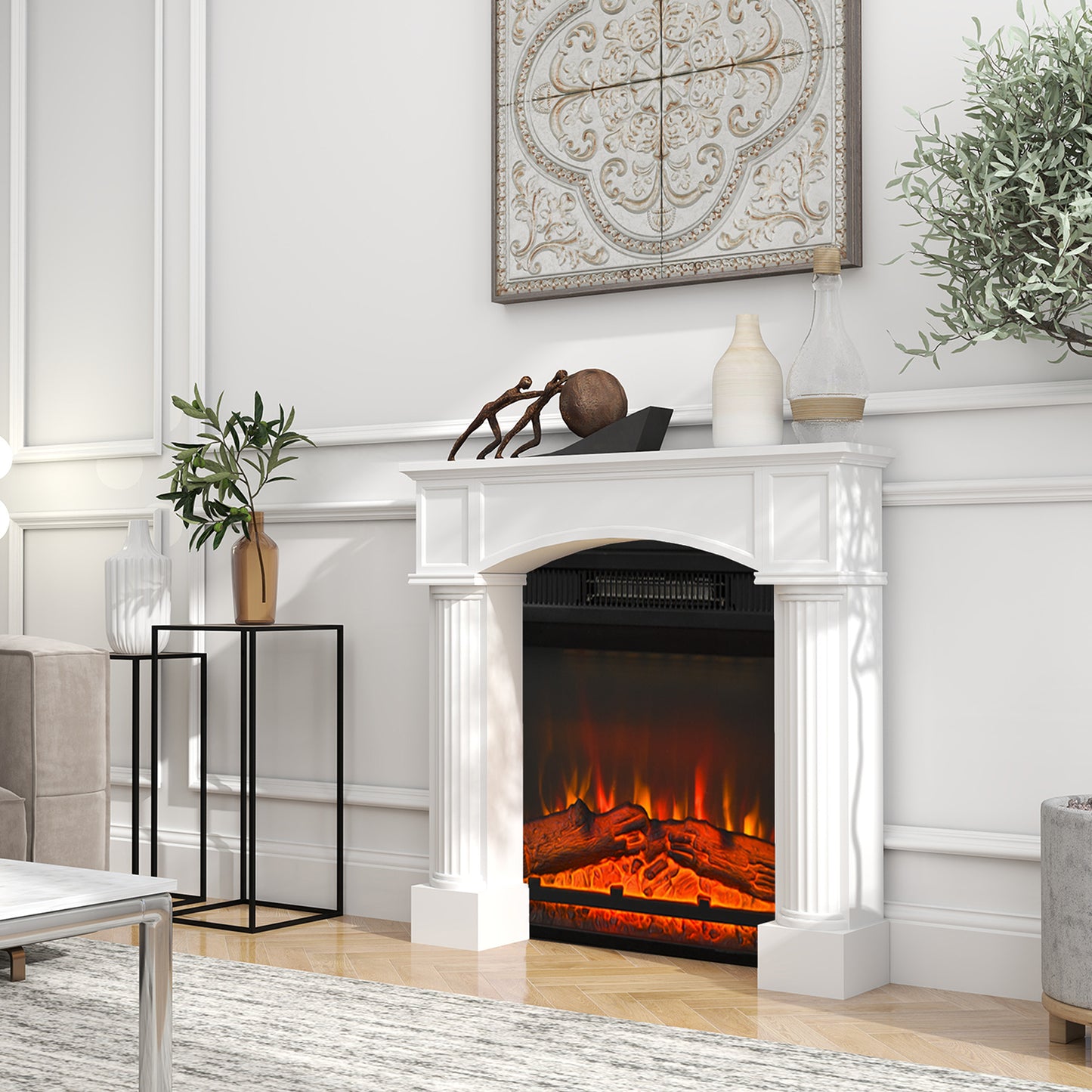 Modern Fireplace Mantel for Electric Fireplaces - 43.3 W x 39.8 H, White