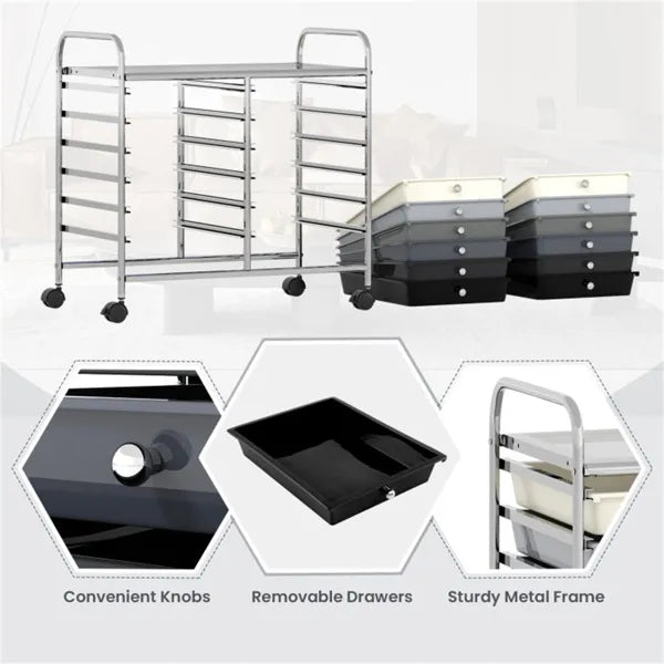 12-Drawer Rolling Storage Cart - 2-Row 10-Storey, Multicolor Drawers,