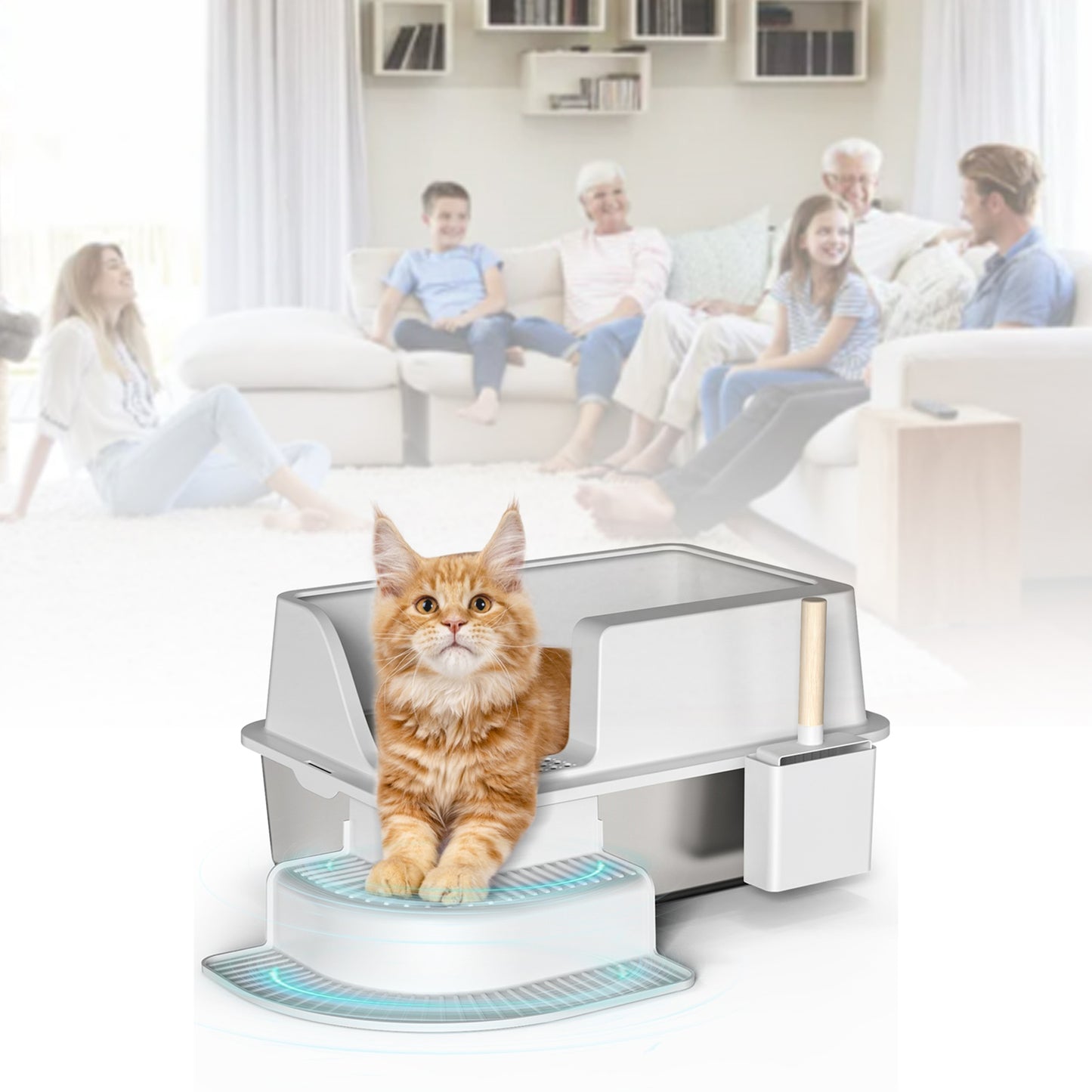 30L Stainless Steel Semi Enclosed Cat Litter Box with Footboard & Scoop